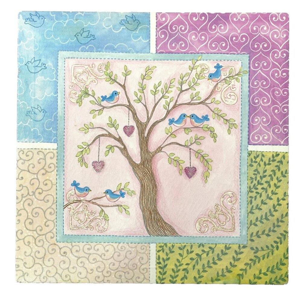 Colleen Karis Design Canvas Art Print Tree Birds Heart Patchwork June 2011 12x12
